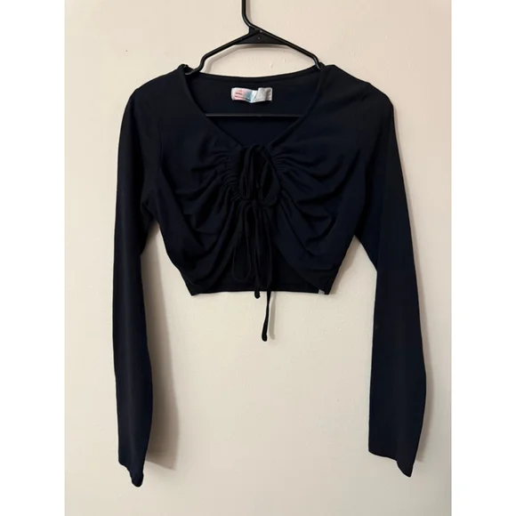 Women's FP BEACH Black Long Sleeve Cropped DOUBLE FRONT TIE TOP XS - Picture 1 of 3